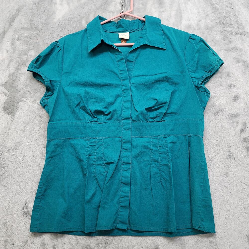 Sonoma Life + Style Cap Sleeve Button Front Blouse Size L Teal Green Blue Office